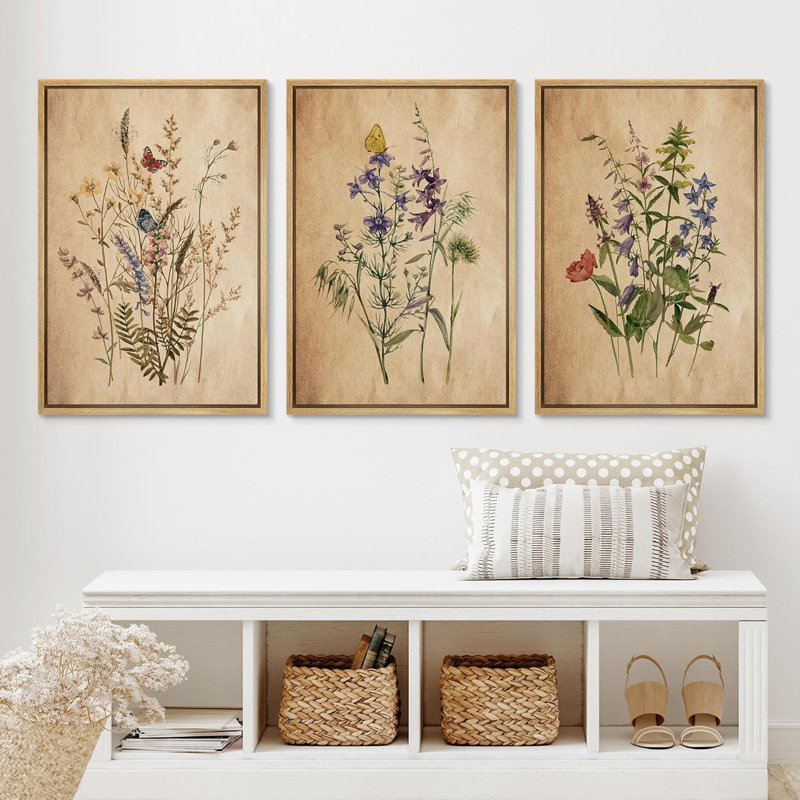 Bouquet de fleurs vibrantes et rétro 3 pièces, Naturel, H 36 po x l 24 po x P 1,5 po