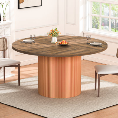 55 Inch Round Dining Table For 4-6 People, Modern Wood Kitchen Table With Fluted Cylindrical Pedestal Base, Thickened Large Dining Room Table For Kitchen, Living Room, Small Apartment