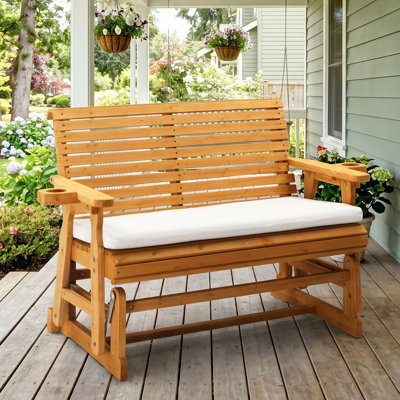 Natural Finish Solid Wood Patio Glider Bench With Cushion And Cup Holders