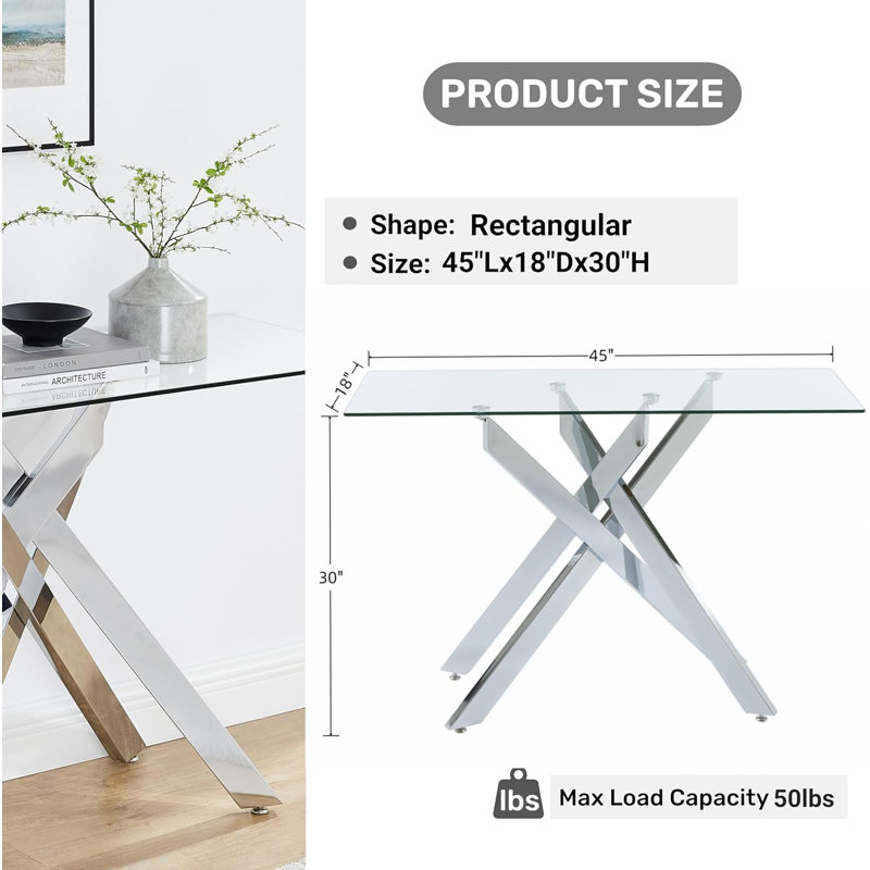 Silver Metal Console Table with Tempered Glass Top, 45"