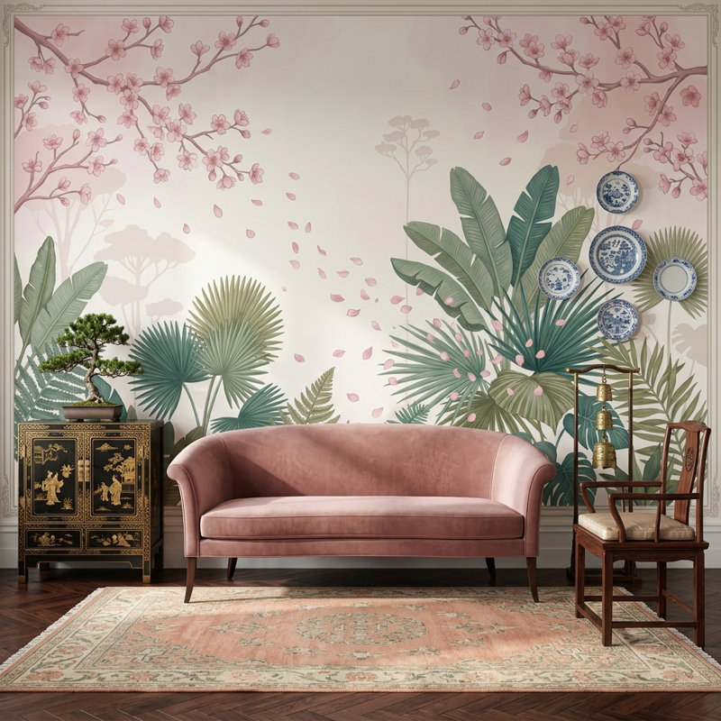 Décoration murale fleurs de cerisier roses et feuilles tropicales amovibles, 100 po x 96 po, Peler et coller