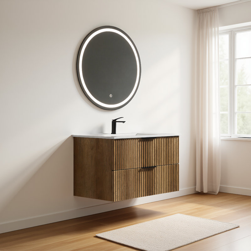 Meuble-lavabo mural 36 po, façade cannelée et lavabo en céramique, 36"