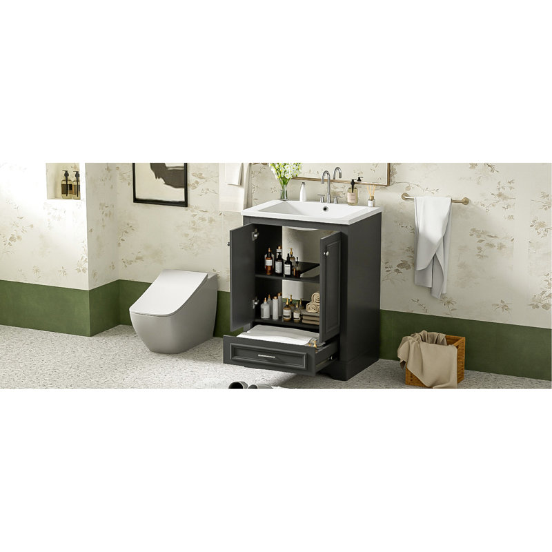 Meuble-lavabo moderne de 24 po avec lavabo en céramique - armoire noire, solutions de rangement pratiques, style évier à poignées argentées, rangement polyvalent, poignée, construction robuste, spacieuse, fonctionnelle