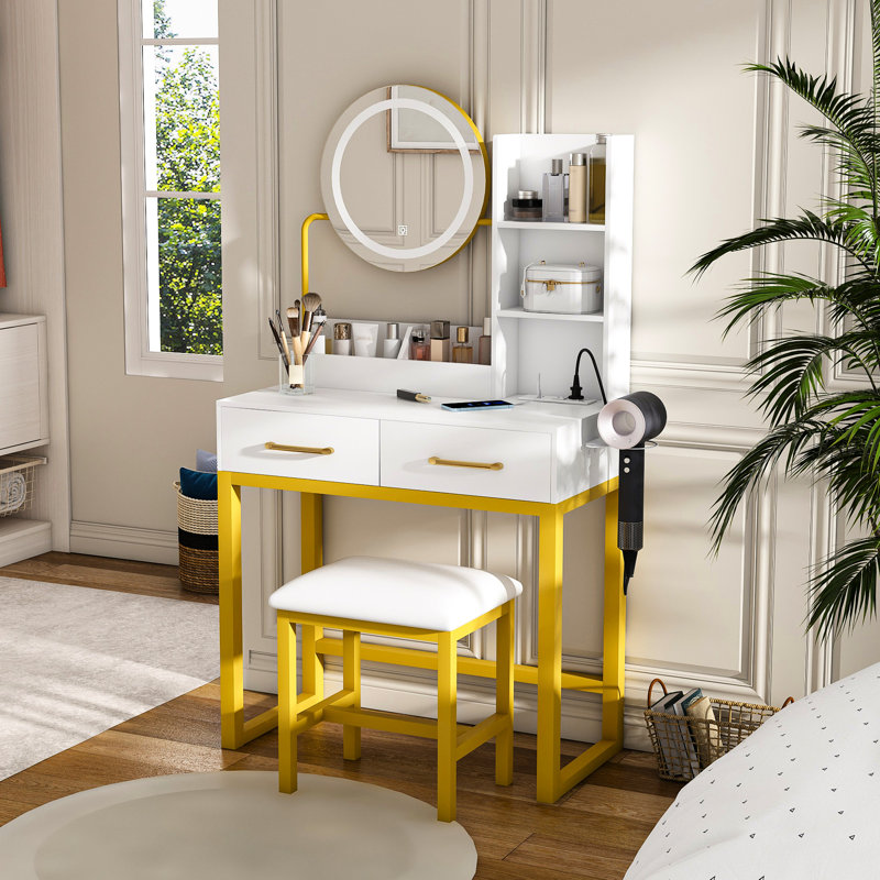 Coiffeuse de maquillage blanche, lumières à DEL à changement de couleur 3, 2 grands tiroirs de rangement, pieds en métal, meuble-lavabo de chambre à coucher, prise de courant réglable, fauteuil, commode