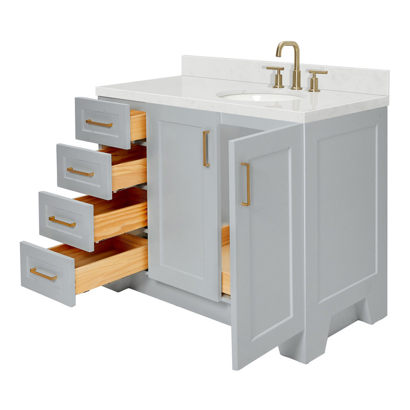 ARIEL Taylor 42.25 Single Sink Bathroom Vanity with Man-Made Stone Top-Oval, Gray, Right , Oval