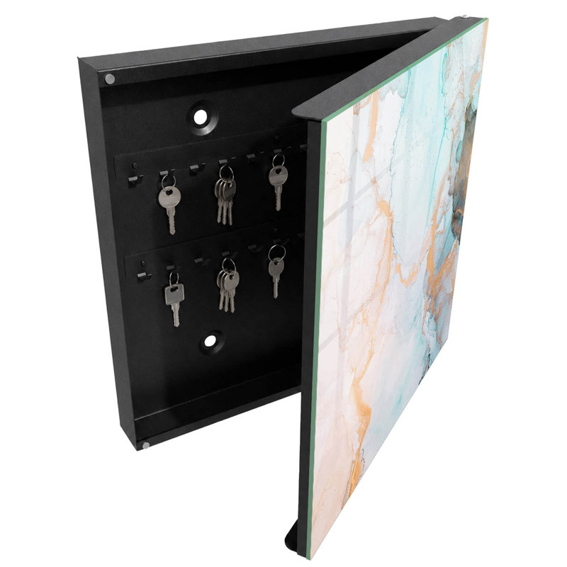 Wall mounted key box, Opens to the right, 30x30x5, White, Delicate blue and orange forms, 
