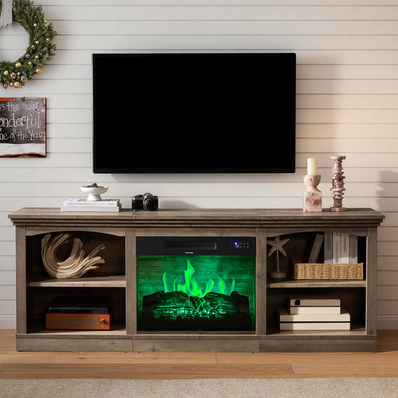 70" Farmhouse Fireplace Tv Stand For 80 Inch Tv, Large Tv Console Table For Living Room, Washed Gray, Washed Gray