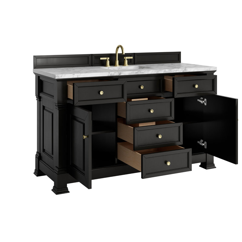 Brookfield Single Vanity, Carrara White, Widespread, Black Onyx