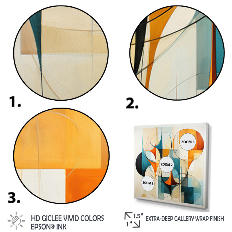 Orange orange bleu Mid Century Harmony In Geometric I - Art abstrait Mid-Century, 44" H x 44" W, Toile tendue, Sans cadre