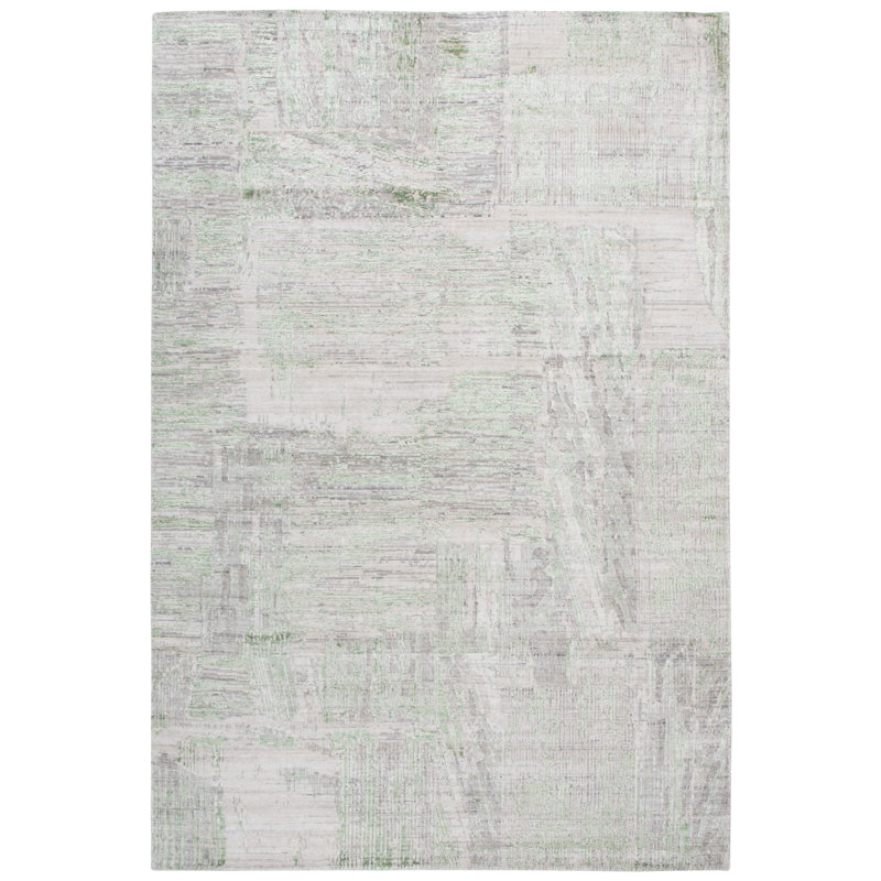 Tapis gris / vert tissé à la main en viscose / laine / coton Tamilore, Rectangle 6 pi x 9 pi