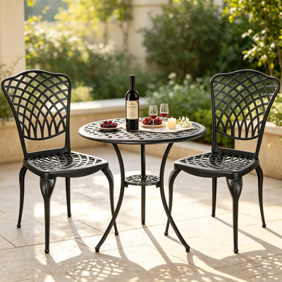 Table bistro et chaises d'extérieur en fonte d'aluminium, ensemble de patio bisto 3 pièces, table bistro avec trou de parasol 1,97 po, ensemble de conversation de jardin, noir
