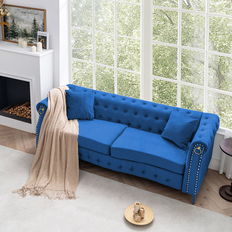  83.5" Velvet Chesterfield Tufted Sofa, Blue
