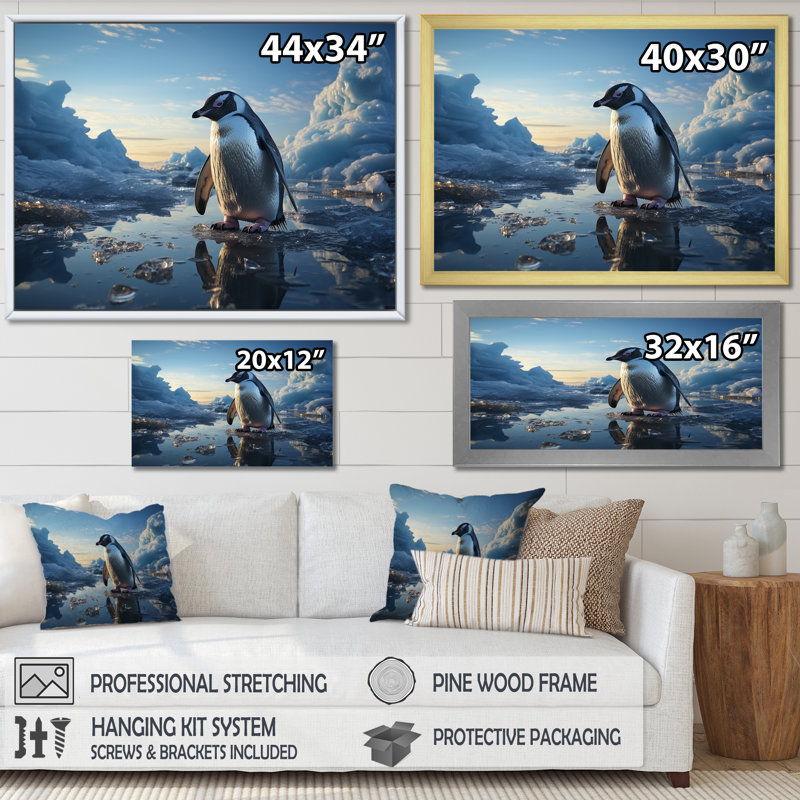 «Penguin Elegance In Snow I», reproduction d'art sur toile, Cadre flottant naturel, H 12 po x l 20 po x P 1 po