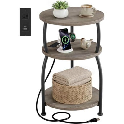 Table d'appoint ronde avec prise de courant, port USB Type C, table de bout à 3 niveaux | Table de chevet 15,7 po pour petits espaces, table d'appoint haute avec station de charge pour canapé, salon, jardin, gris