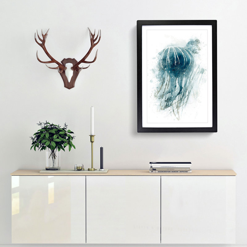 A Blue Jellyfish in Abstract - Framed Print, 63cm H x 45cm W x 2cm D, Black Framed