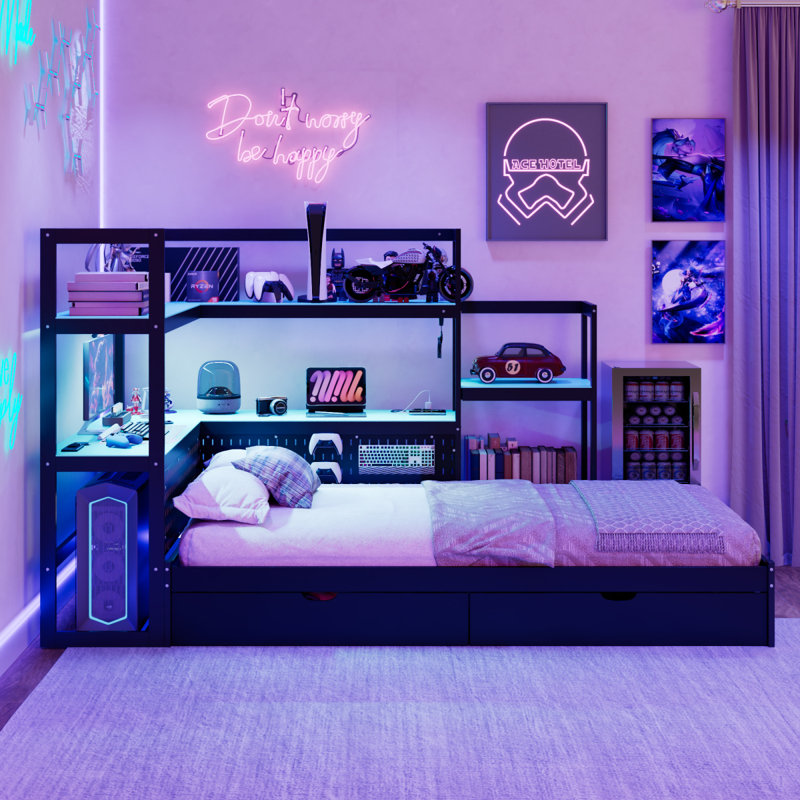 Twin Size Gaming Daybed With Integrated Desk And LED Light, Modern Wooden Bed Frame With 3 Storage Drawers And Built-In Charging Station, Multi-Functional Headboard Bookcase, Black+Blue