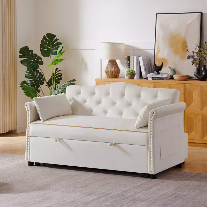 Velvet Sofa Bed: Sleeper Couch, Convertible Design, Beige