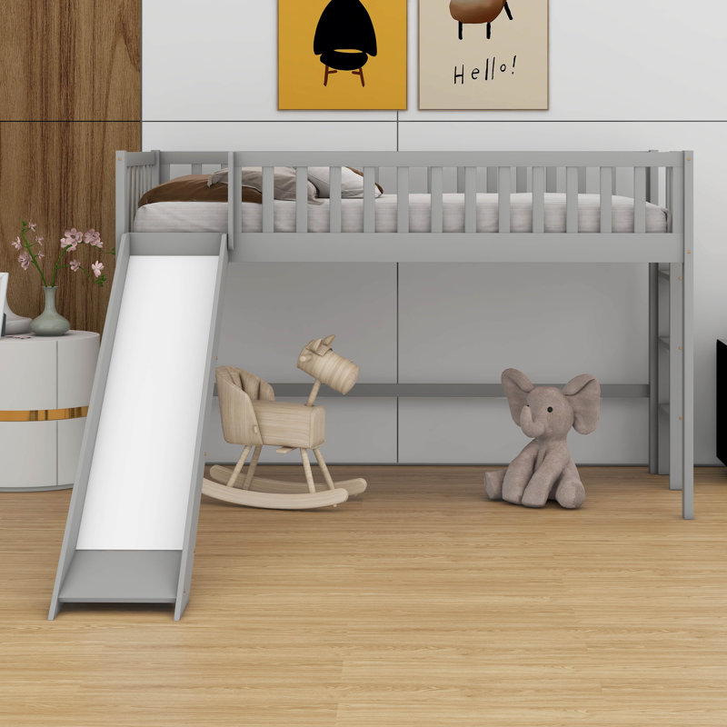 Lit mezzanine simple en bois avec garde-corps, glissade et échelle, Gris