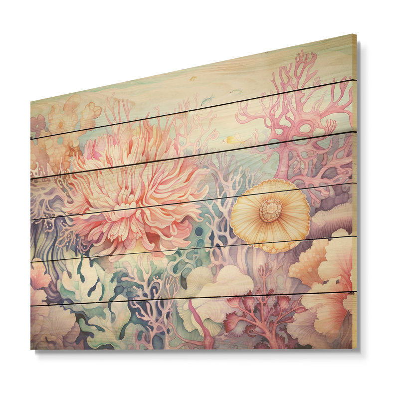 «Colorful Coral Reef Heaven I» - art mural bois de corail sous l'eau sur bois de pin naturel, H 24 po x l 32 po