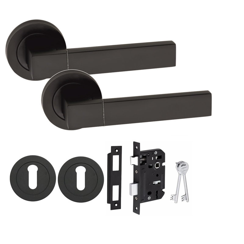  Capri Handles Set on Round Rose in Matt Black Finish with 64mm 3 Lever Mortise Lock and Key Hole