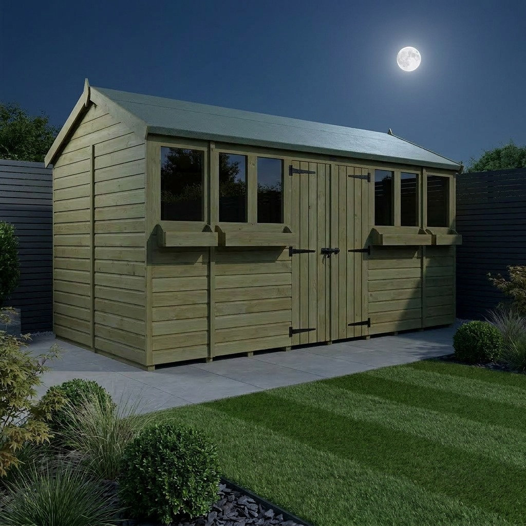 Total Sheds 16ft x 5ft Apex Summer Shed - Toughened Glass External Planters - Pressure Treated Timber - UK Manufactured