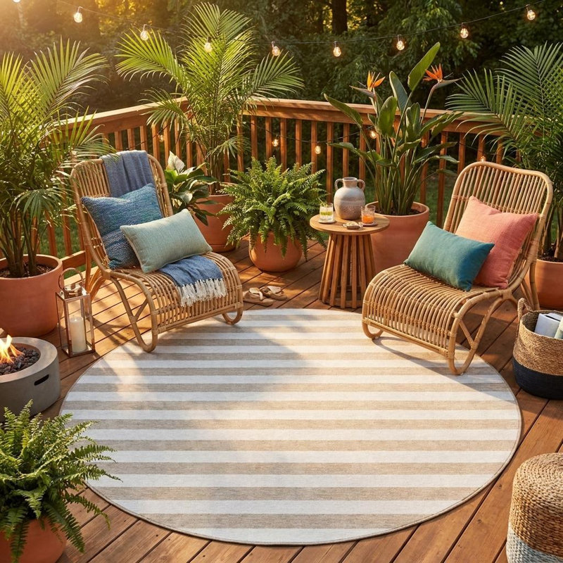 Tapis extérieur lavable rayé taupe et blanc 8 pi x 8 pi