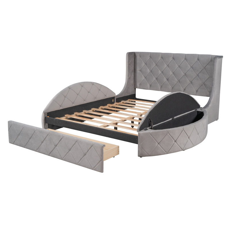 Upholstered Platform Bed Storage Velvet Bed with Wingback Headboard and 1 Big Drawer,2 Side Storage Stool, Gray