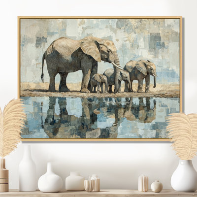 «Gullion Elephant Family At The Watering Hole I», art mural sur toile éléphant