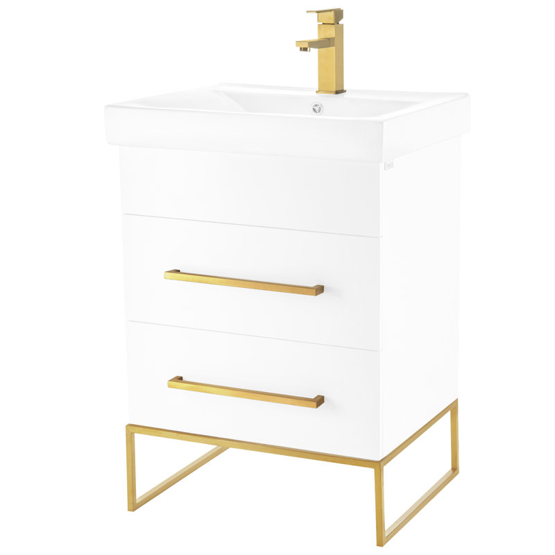 Taft Avenue 24'' Single Bathroom Vanity with Solid Surface Top, White, Satin Brass