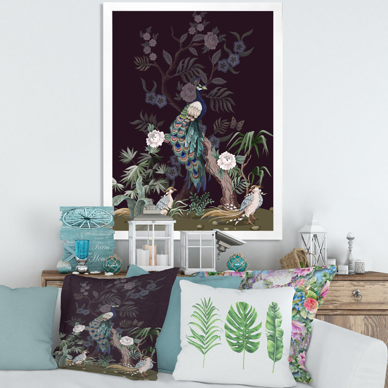 Chinoiserie avec oiseaux et pivoines V - Peinture sur toile, H 20 po x l 12 po x P 1po, Cadre photo blanc
