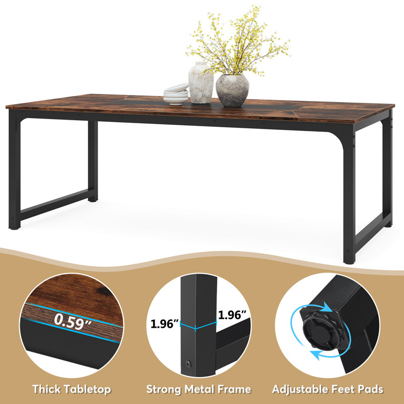 Metal Base Dining Table, 39.4" W x 78.7" L, Rustic Brown, Black