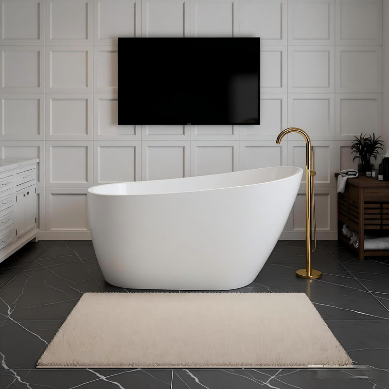 55" Acrylic Freestanding Bathtub Contemporary Soaking Tub with Chrome Overflow and Drain, High-Gloss White Finish, cUPC Certified