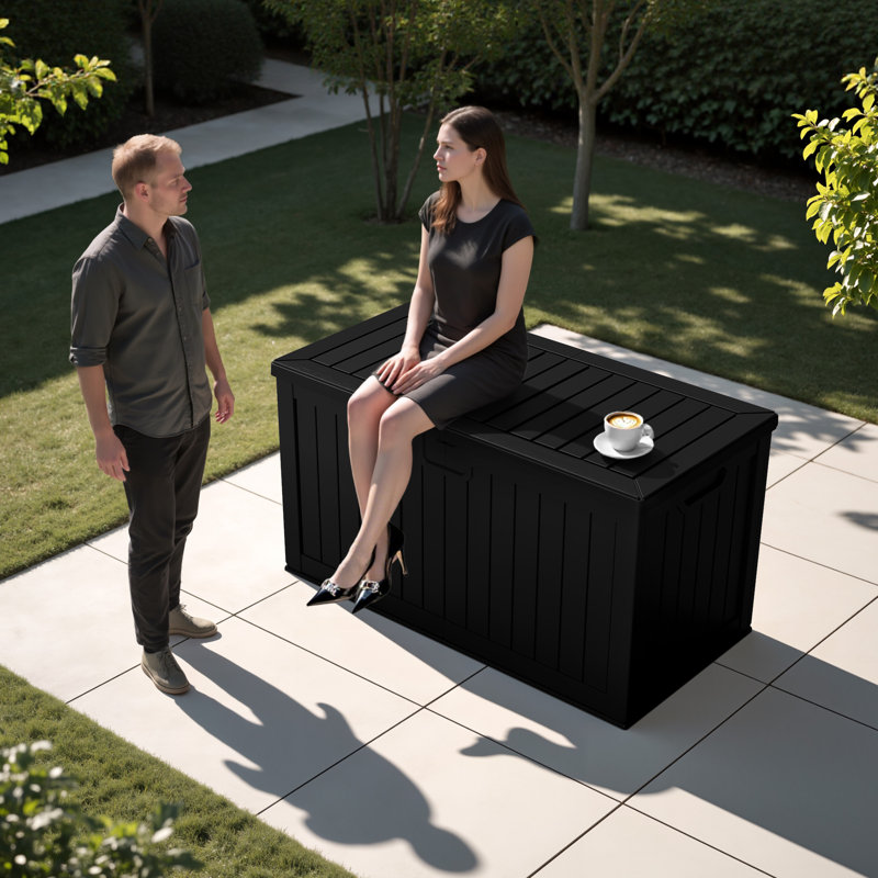 230 Gallon Outdoor Indoor Lockable Resin Deck Box With Removable Dividers, Black