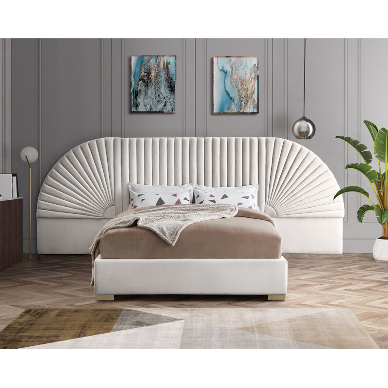 Lit plateforme tapissier avec rangement à profil bas, Très grand, Velours crème