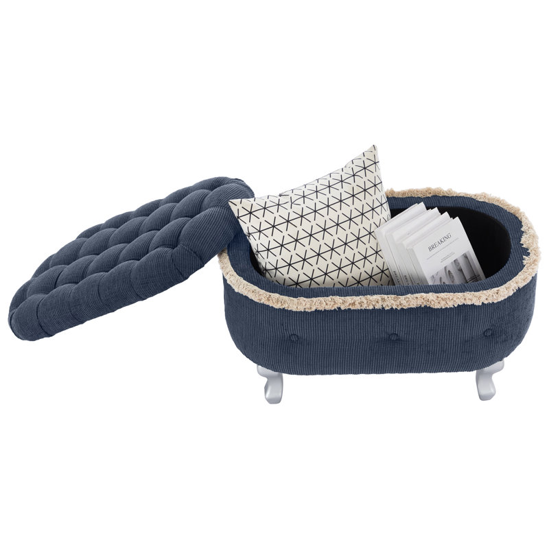 Banc de rangement de 75 cm (29,5 po) avec capitonnage à boutons et franges, bleu, Bleu