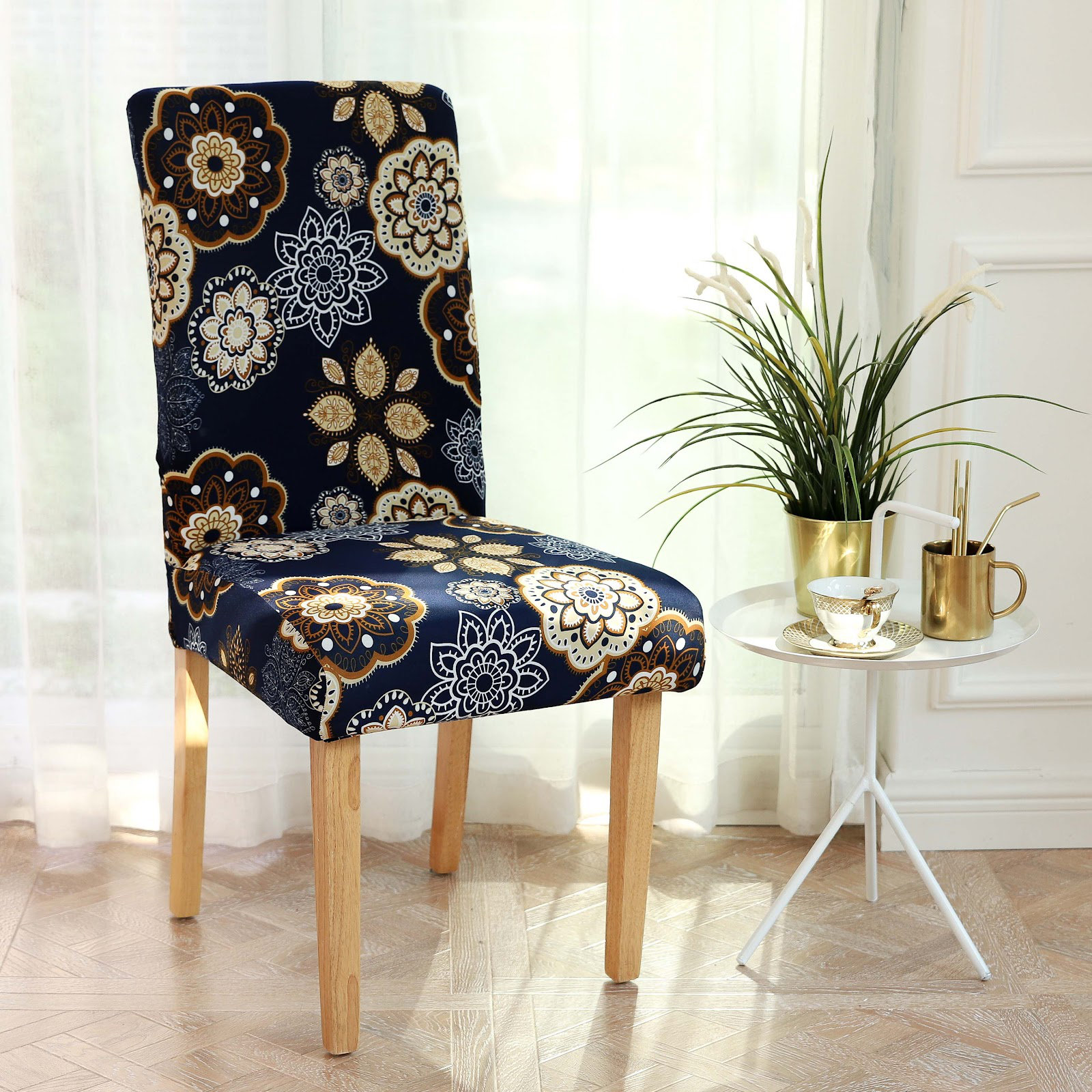 Elegant box cushion dining chair slipcover ebern designs fabric hot sale