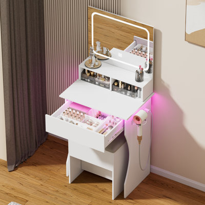 Vanity Desk, Makeup Vanity With Led Light Mirror, Small White Vanity With A Super Large Drawer And Power Outlet, 3 Color Lighting Modes Makeup Table F by Latitude Run