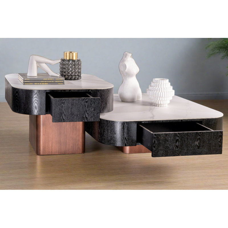 Ceramic Top Coffee Table Set with Storage Drawers – Modern Sculptural Nesting Coffee Tables for Living Spaces  