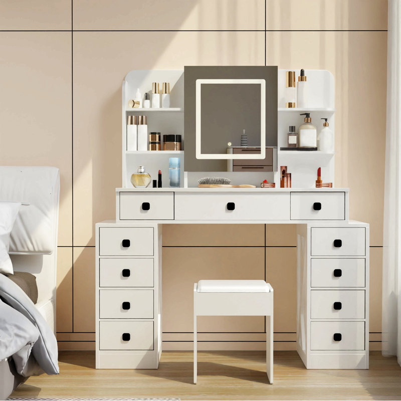Bureau de coiffeuse de ferme avec miroir coulissant, lumières et station de charge, bureau de table de maquillage avec lumière DEL à intensité variable, table de maquillage de coiffeuse avec tabouret moelleux