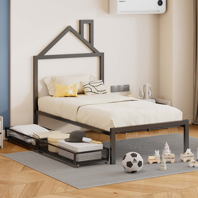 Anvitha Metal Platform Bed with two drawers,House-Shaped Headboard Design, Twin, Pink