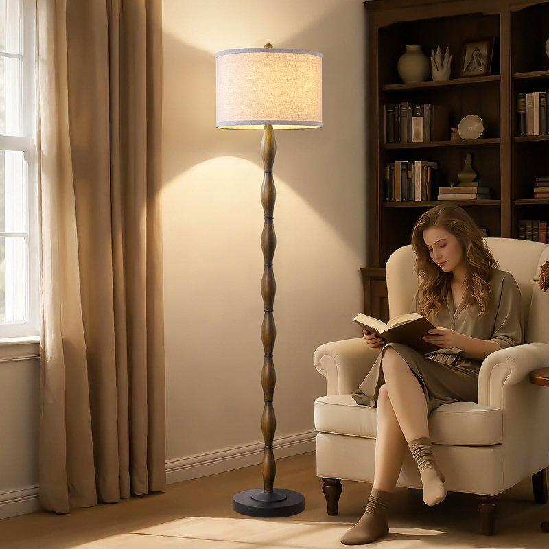 61.5" Walnut Finish Floor Lamp With Sculpted Column And Linen Shade