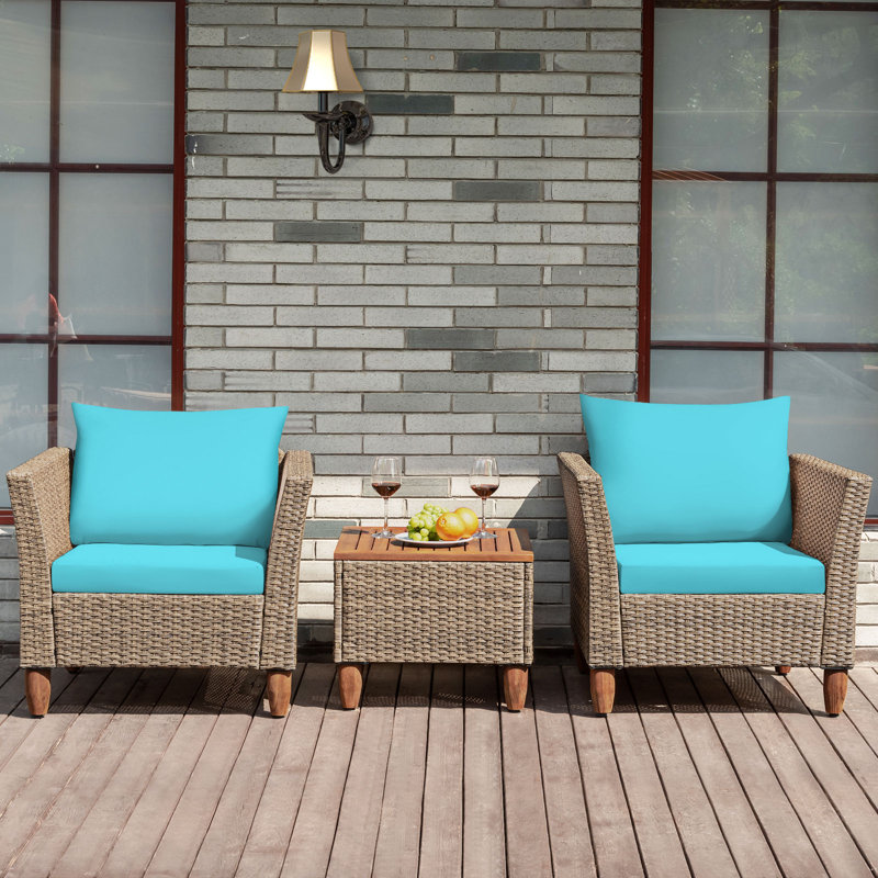 Mix Brown and Blue Rattan 3-Piece Outdoor Seating Set with Acacia Wood Table