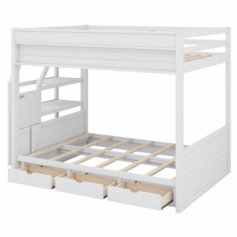 Wood Bunk Bed With Storage Staircase, Bedside Table, And 3 Drawers, White