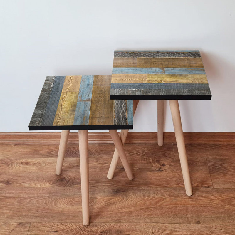 Ensemble de tables gigognes modernes (2 pièces), brun et gris, 13,8 x 18,5 x 13,8 pouces | 100% panneau de fibres à densité moyenne avec pieds en bois de hêtre, épaisseur: 0,7 pouce | Conception rayée élégante, parfaite pour la décoration de salon ou de bureau