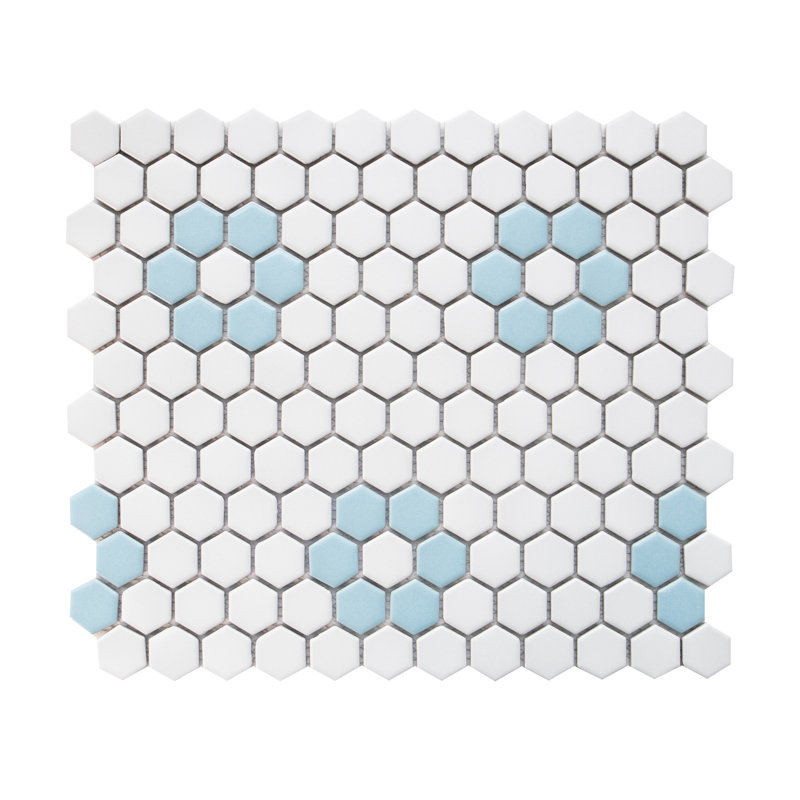 Carreau de mosaïque en porcelaine nid d'abeille 1 po x 1 po Value Series, Blanc / fleur bleu ciel