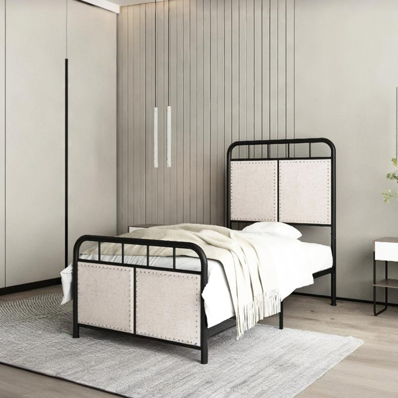 Simple, tissu d'ameublement en lin, structure de lit, plateforme en métal, composant du tissu de la tête, configuration florale du pied, stabilité, performance silencieuse et facile, étapes d'assemblage faciles à faire, matelas en mousse viscoélastique, 8