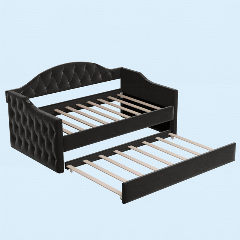 Lit de jour simple capitonné et rembourré avec couchette, canapé-lit en velours avec ports USB et ports de charge de type C, aucun sommier nécessaire