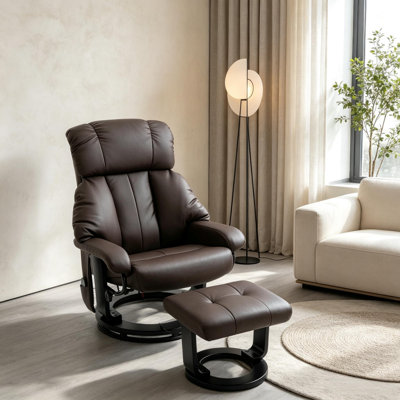 Fauteuil inclinable pivotant avec repose-pieds, similicuir et bois cintré, fauteuil inclinable de massage, brun, massage par vibration à 10 points avec pivotement à 360 °