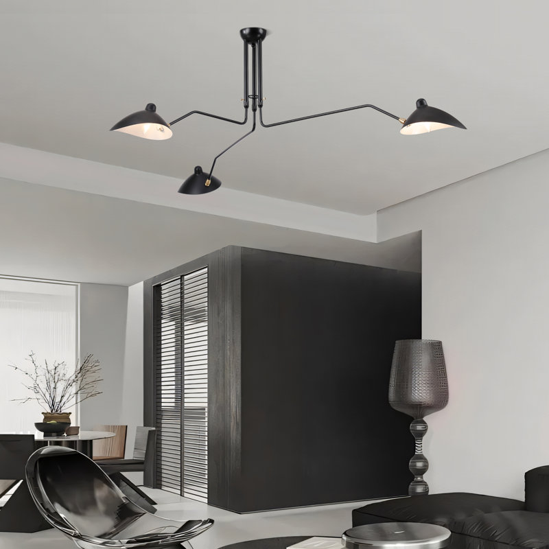 Three Arm Ceiling Lamp Pivoting Rotating Black Arm Shade Semi Flush Mount, 22.04" H x 82.67" W x 82.67" D