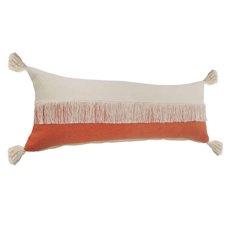 Coussin décoratif à franges 100% coton Contemporary, Orange citrouille / blanc cassé